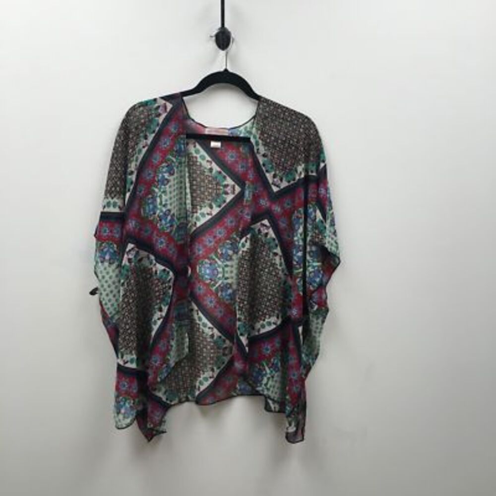 Band Of Gypsies Womens Kimono Multicolor Floral 3/4 Sleeve Asymmetric Boho S/M